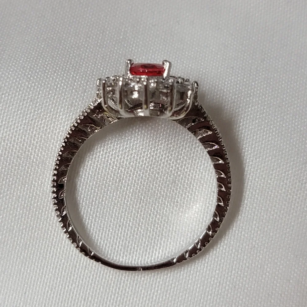 Gorgeous Halo Ruby and White Sapphire Simulated Stone Silver Tone Ring